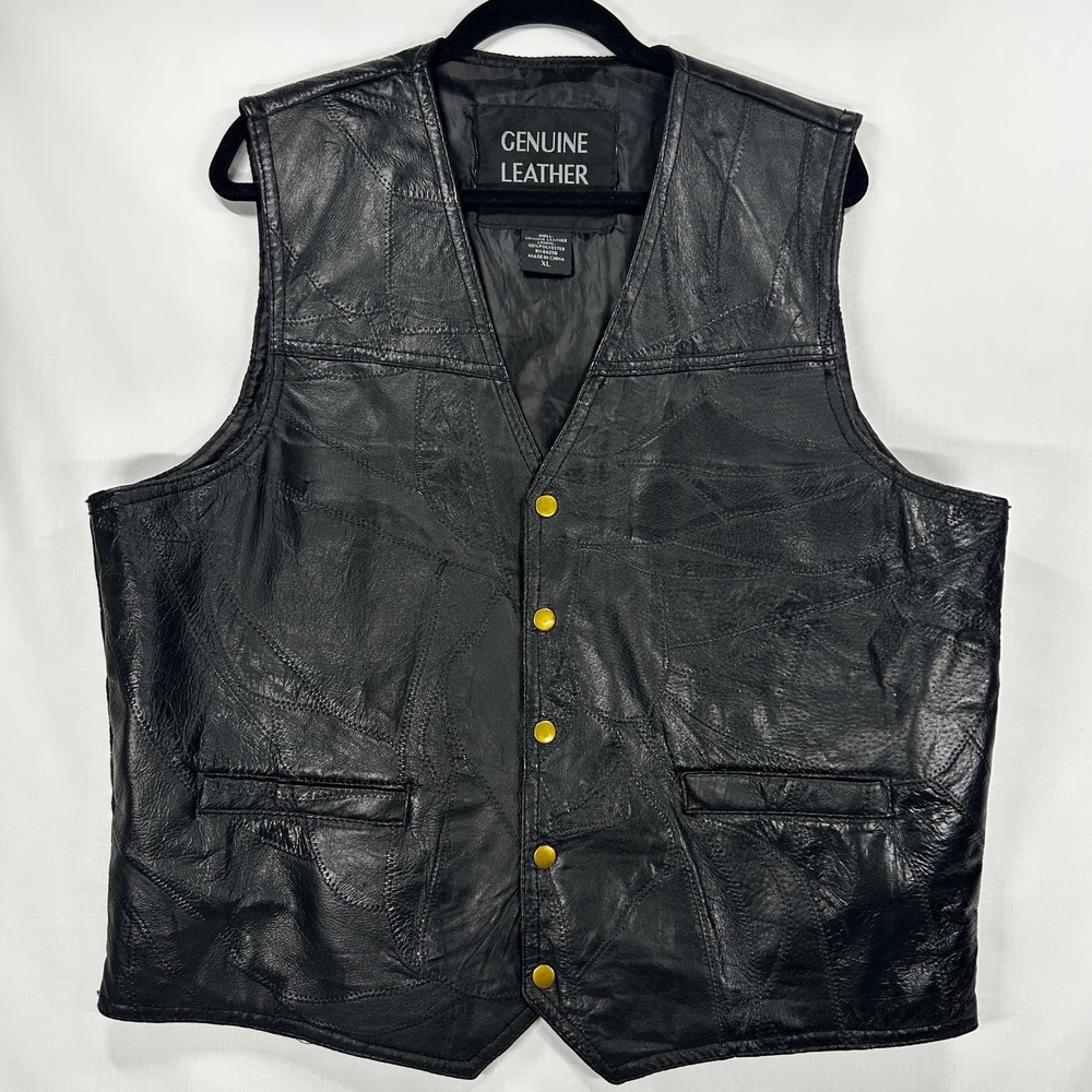 Vintage Black Genuine Leather Patchwork Snap Vest Size XL